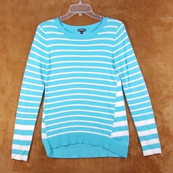 EXPRESS Womens Sweater Small Blue Pullover Crew White Stripe Stretch Knit - Picture 1 of 7